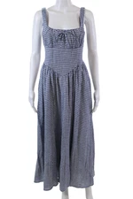 Christian Lacroix Womens Sleeveless Square Neck Gingham Midi Dress Blue White XS