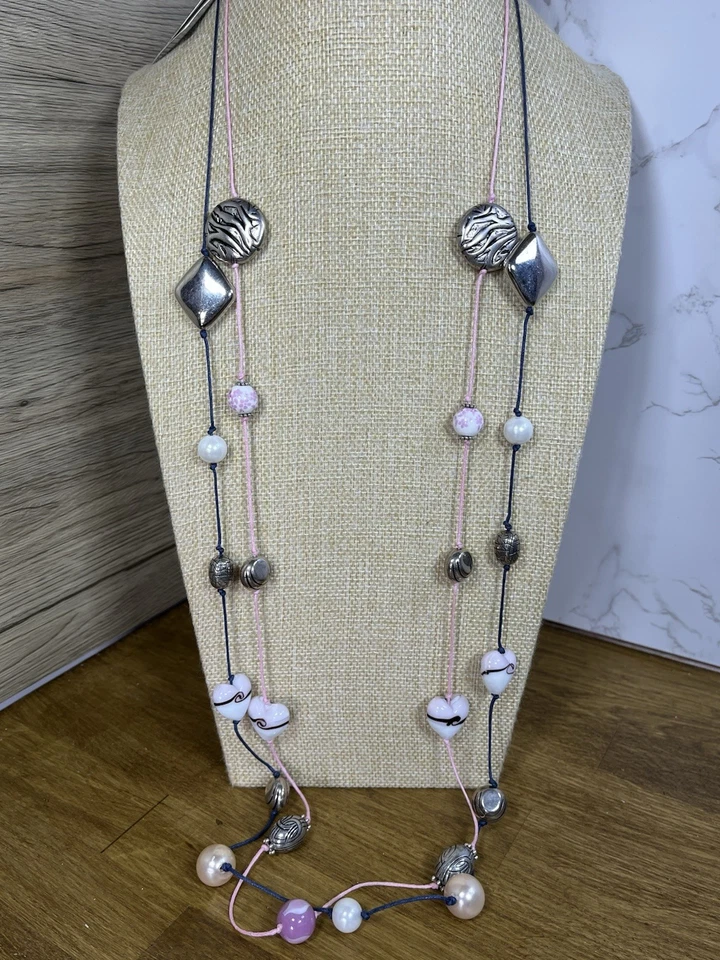 2 Bead Necklaces Long Pink & Blue Glass Heart & Mixed Station Layering 202 - Image 2 of 4