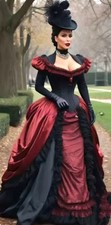 Vintage Gothic Black and Red Victorian Prom Dresses LongSleeve Back Evening Gown