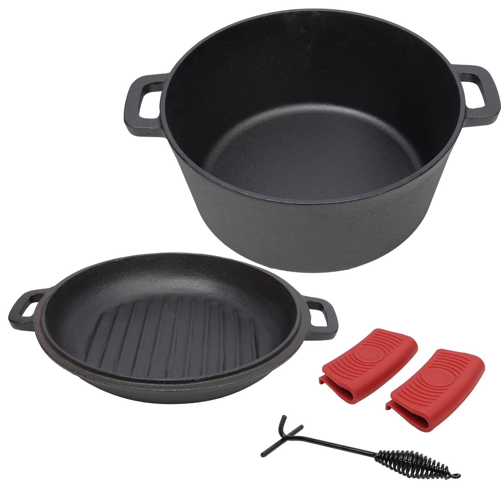 3 in 1 Pre-Seasoned Cast Iron Dutch Oven Outdoor Camping Deep Pot W/Hande Covers