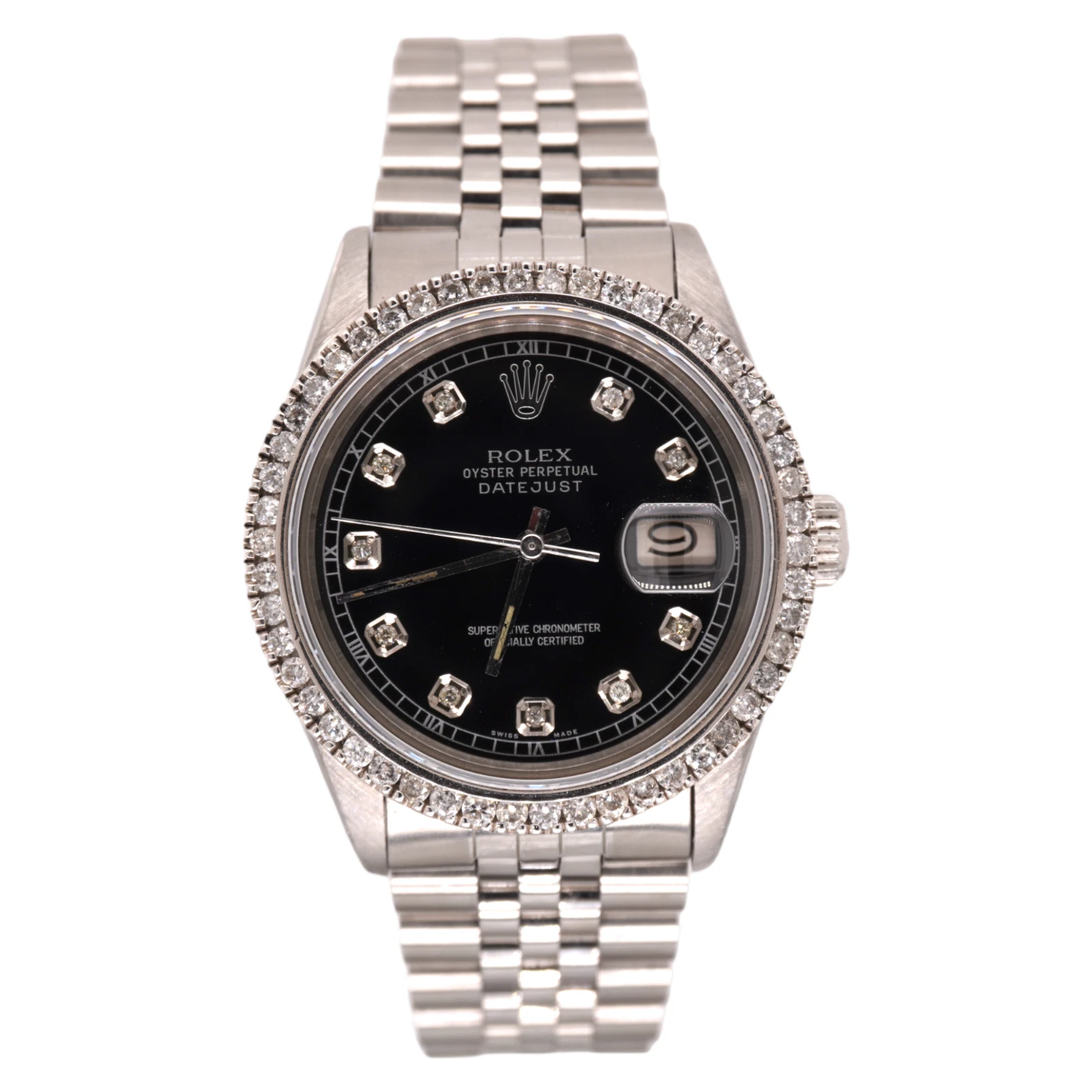 Rolex — Rolex Men's Datejust 36mm Jubilee Steel Watch ICED 2.25ct Diamonds Black Dial