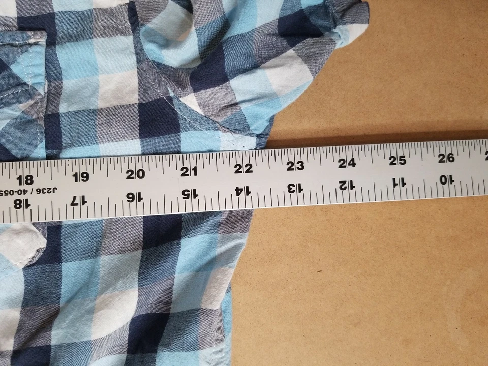 Camisa Hang Ten Vintage Azul Cuadros Perla A Presión Manga Corta Bolsillos Juvenil Talla XL Foto 4 de 4