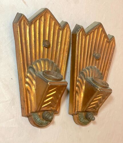 pair of antique gold gilded pressed brass Art Deco wall sconces fixtures lamp - Picture 1 of 8