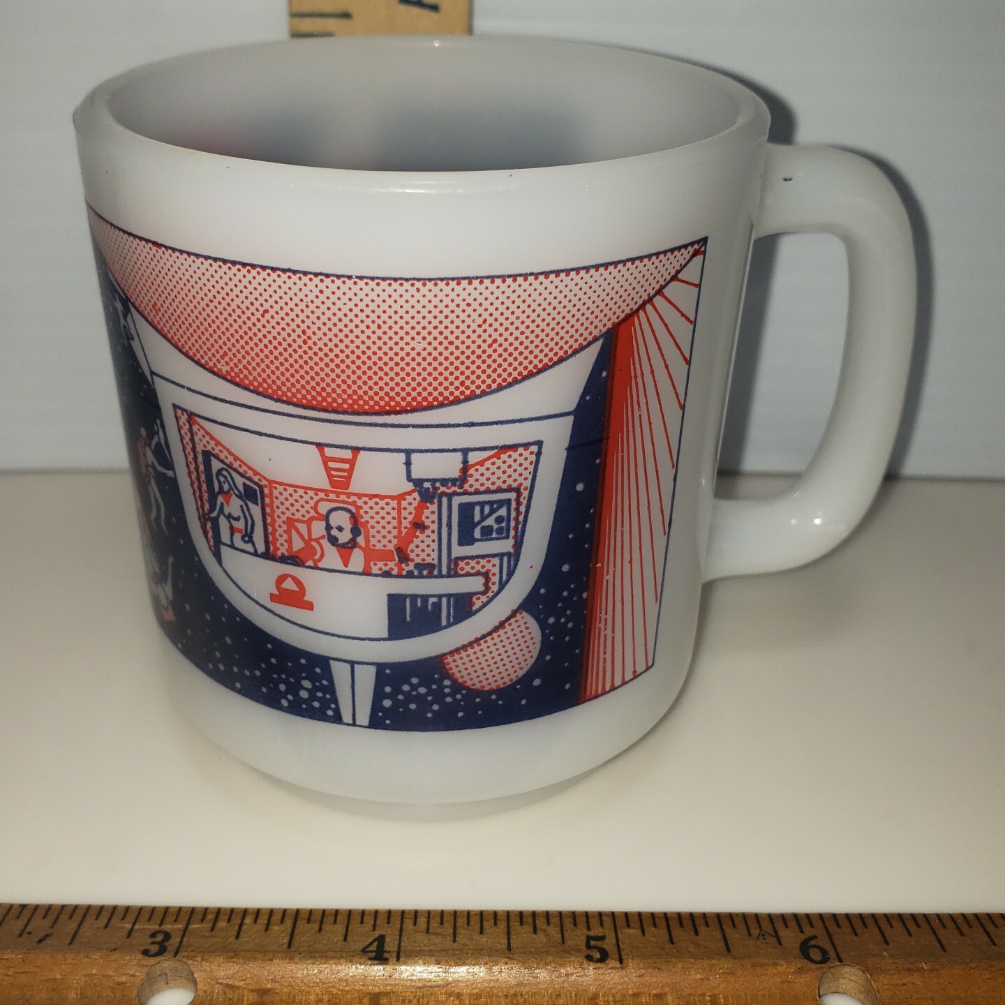 RARE Vintage Glasbake Mug Spaceship Space Rocket Mission Milk Glass Coffee Tea 