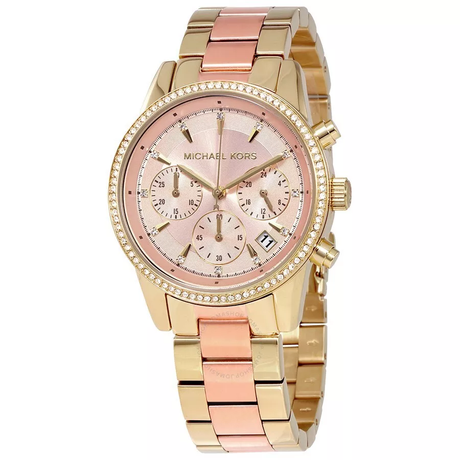 Michael Kors MK6475 Ritz Rose Gold Dial Ladies Chronograph Stainless Steel Watch