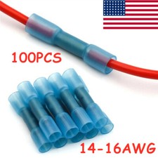 100pcs AWG 14-16 Gauge Blue Heat Shrink Butt Wire Connectors Crimp Terminals US