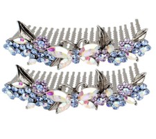 2Pcs Floral Butterfly Blue Austrian Rhinestone Cystal Hair Side Combs Tiara B133