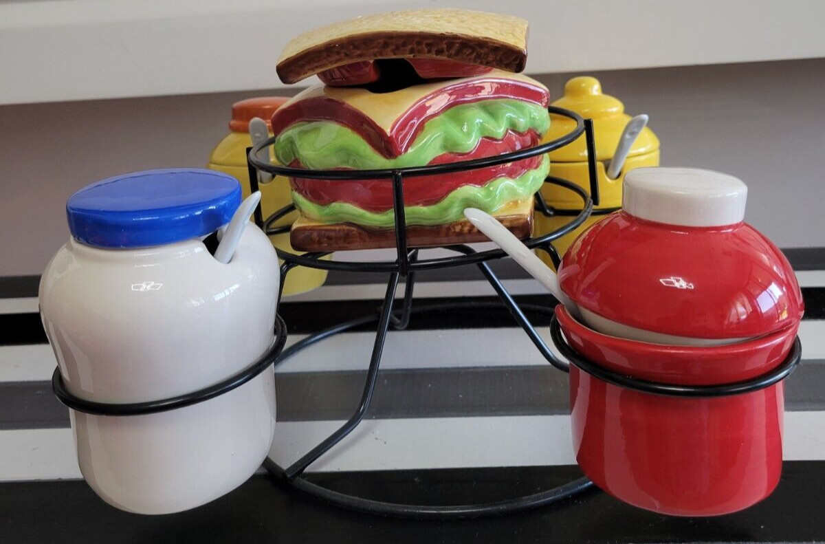 PIER 1 IMPORTS SANDWICH CONDIMENT SPINNER BLACK METAL HOLDER AND 5 CONTAINERS