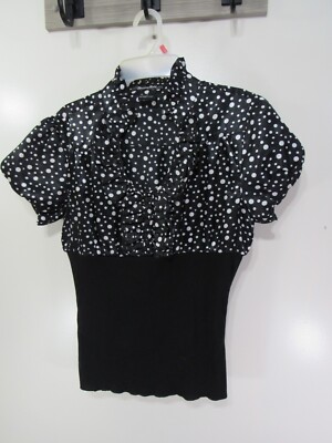 Women Besting Gold Top Size L Black White Polka Dots Ruffle Buttons Short Sleeve