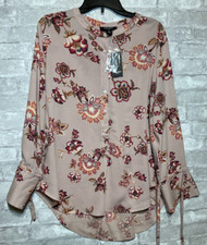 NWT Nine West Jeans Smokey Rose Tapestry Tunic Blouse Tie Sleeves Size Medium
