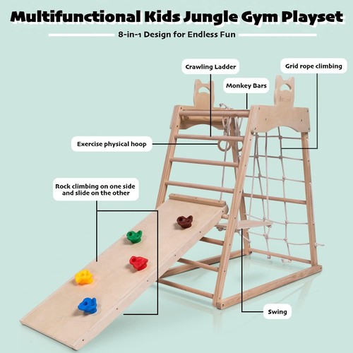 Jungle Game Indoor (8 N 1) Playground Toddler Wooden Toys Gym Slide Climbing Net - Picture 4 of 6