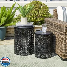 Glitzhome Outdoor Side Table Set of 2, Decorative Garden Stool for Indoor Out