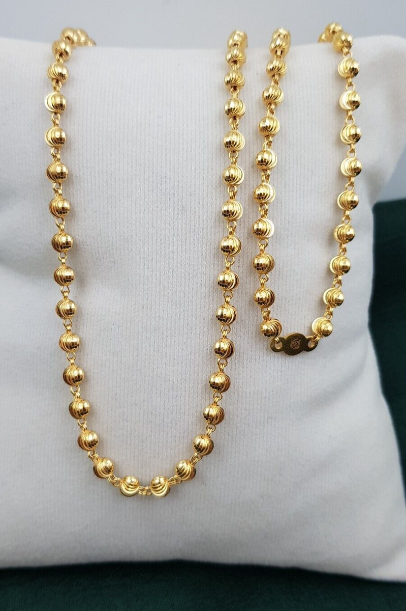 Gold Ball 22K Gold Chain Mala Beads Round Solid Yellow Gold Long