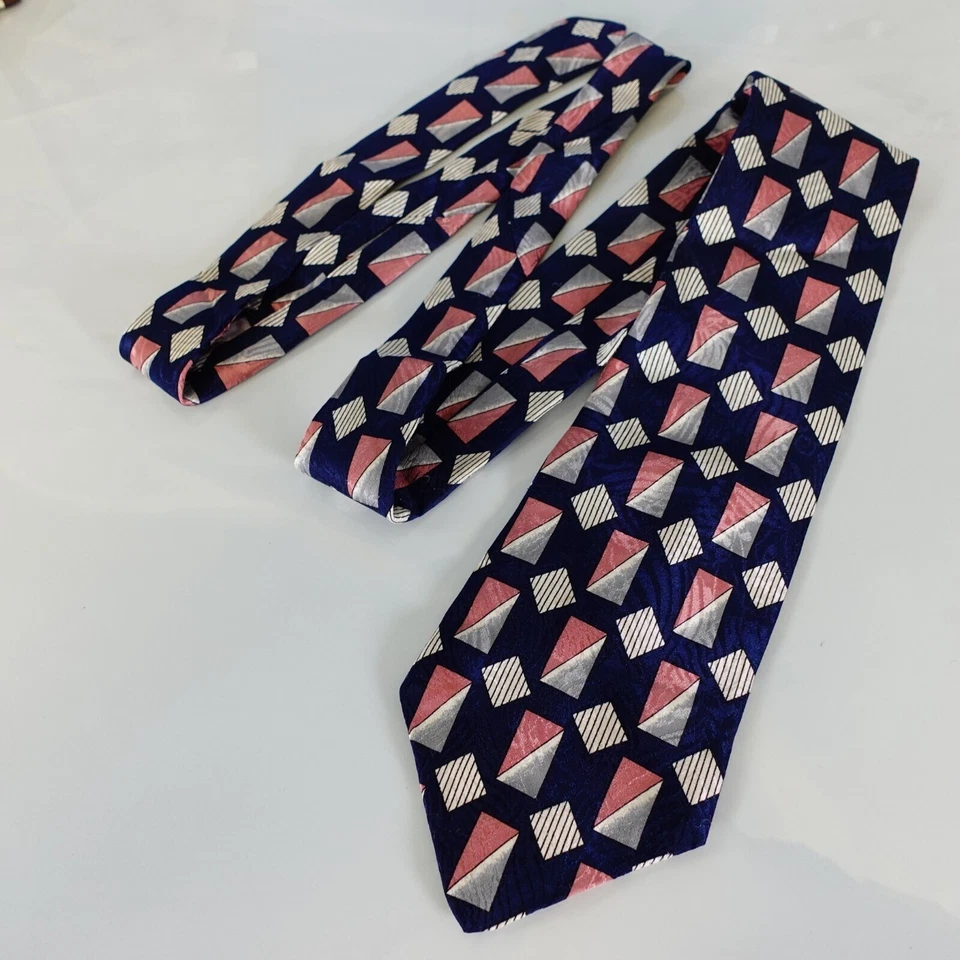 GEOFFREY BEENE Neck Tie Mens Blue Navy Pink Silk Suit Contemporary Bold WIDE - Image 3 of 4