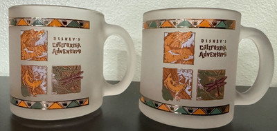 Disney's California Adventure 2 Frosted Gold-Trimmed Coffee Mugs, circa 2001-EUC