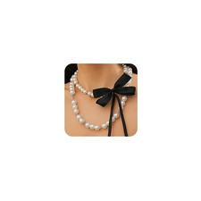 Boho Round Imitation Black Pearl Layered Choker Necklace Multi Strands Bow Punk