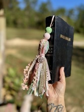 Handmade Boho Tasseled Beaded Key Chain Ribbon Lace Multicolor Pink Green Gold