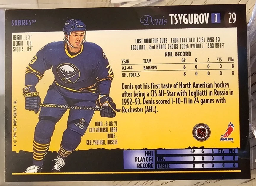 1994-95 Topps Premier Denis Tsygurov RC #29 Buffalo Sabres - Image 2 of 2