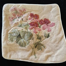 VINTAGE Pillow Pettit Point  Needlepoint  Zip Cover Geranium Tan VELVET   11x11