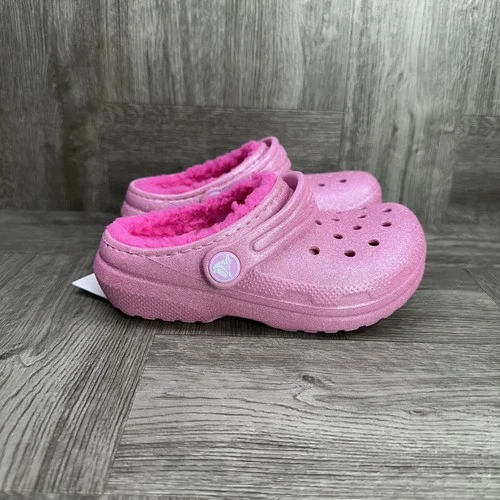 CROCS Classic Toddler size 8 Glitter Pink Lined Clogs