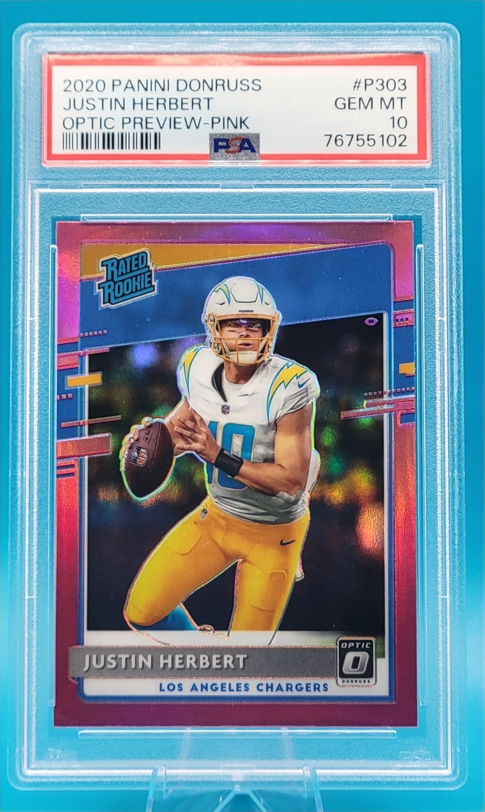 2020 Panini Donruss Rated Rookie Justin Herbert #P-303 Optic Preview Pink PSA 10