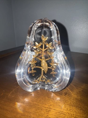 Steuben Partridge in a Pear Tree Sculpture Crystal 18kt Gold by Lloyd Atkins