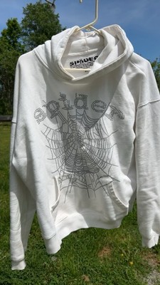 sp5der Men s M White Cotton Pullover Hoodie Spider Web Graphic Pocket