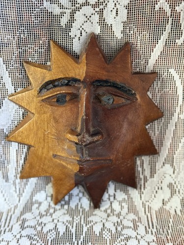 Vintage Celestial Sun Face Carved Wood Mask Decorative Folk Art Wall Hanging