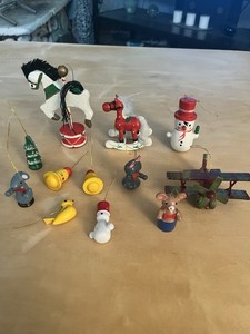Vintage Wooden Christmas Ornaments Lot Of 12 Horses Airplane Bells Snowmen Mouse