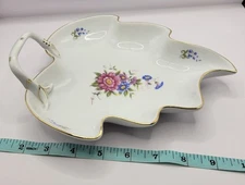Hollohaza Hungary Leaf Shaped Dish With Handle Floral Gold Accent
