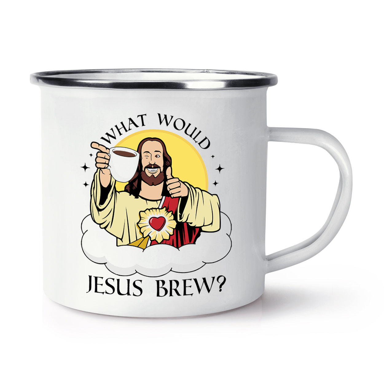 What Would Jesus Brew? Enamel Mug Cup Funny Joke Birthday Christmas Tea Coffee