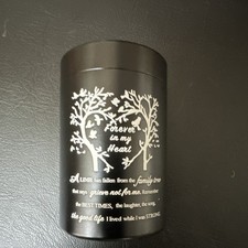 Black Metal Cremation Keepsake Urn Cylinder w/ Lid "Forever in my Heart"