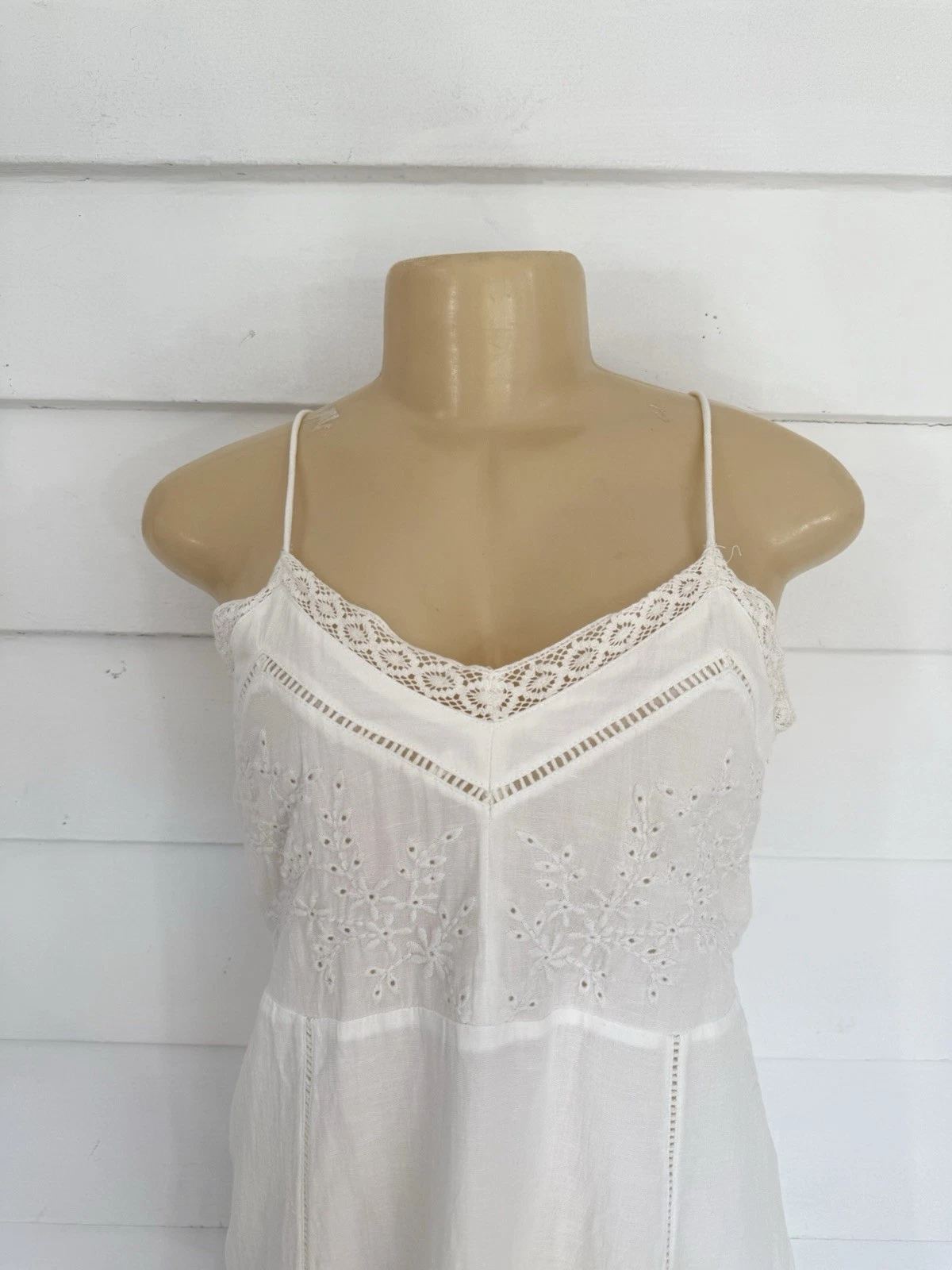 OFF WHITE Mini abito donna ZARA bianco misto lino ricamato vita 27" XS 640 nuovo