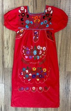 Vtg 70s Embroidered Flowers Red Mexican Peasant BoHo Dress Size Small S Cotton
