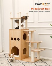 PAWZ Road Modern Wooden Cat Tree Scratching Post with 2-Story Condo Capsule Nest