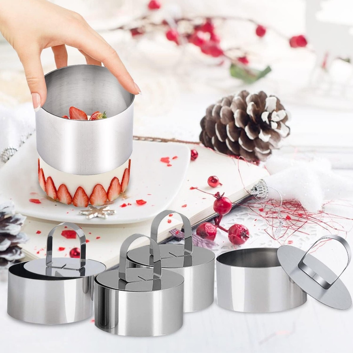 4-Piece Stainless Steel Food Forming Rings & Pushers Set - For Plating, Pastry, Mousse, Pancakes