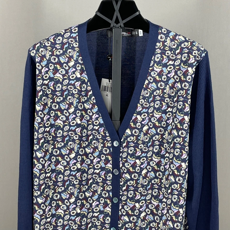 NUEVO Ralph Lauren RLX Cárdigan Suéter Mujer XL Azul Rosa Floral Golf Botón Foto 2 de 4