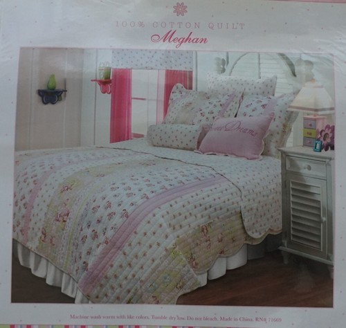 Shabby Cottage Pieced Quilt SET Rose Pink Aqua, Apple Green Fabric Twin/Sham - Afbeelding 4 van 4