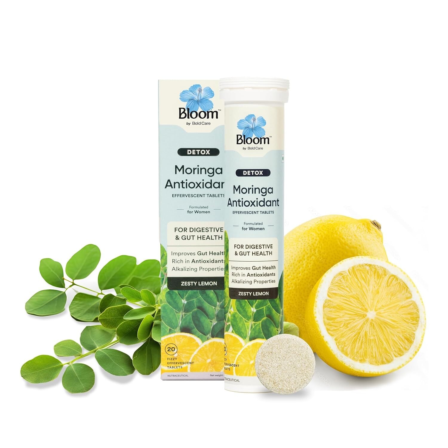 Bloom Moringa Antioxidant Effervescent Tablets 20ct Lemon Flavor for Gut & Liver Support