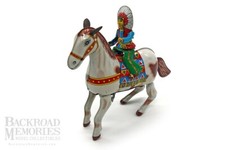 Vtg 1950s LOOSE "Indian Chief w/Horse" Wind-Up Tin Litho Toy, by HAJI Mark