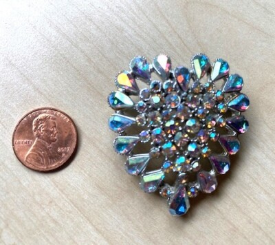 Vintage BIG AURORA RHINESTONE HEART PIN /PENDANT AB C-Clasp & Bail UNBRANDED
