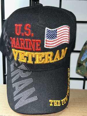VETERAN HAT / US MARINE VETERAN (BLACK HAT) - ADJUSTABLE STRAP/ONE SIZE FITS ALL