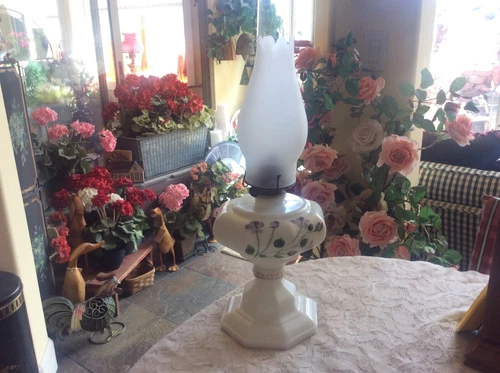 Vtg Hurricane Hand Painted Violets White Milk Glass Aguila Oil Lamp 11" High