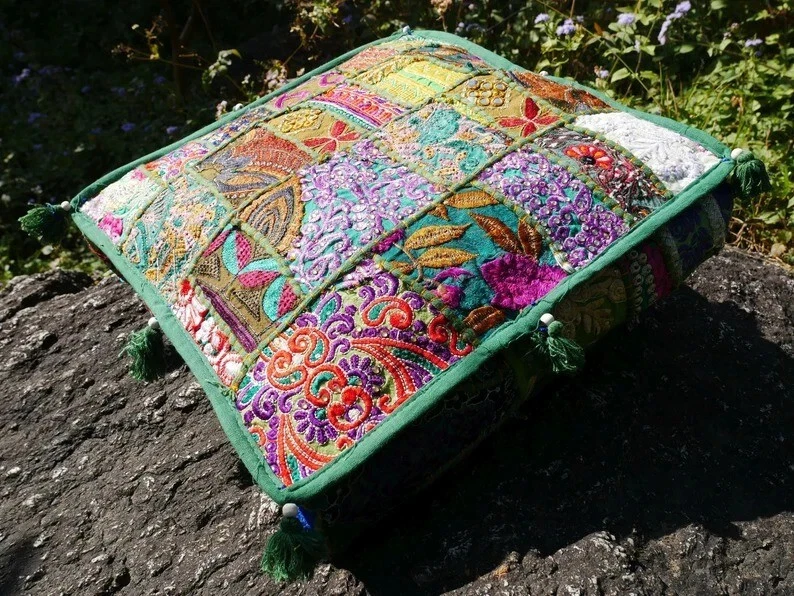 22x22x5" Indian Green Patchwork Floor Cotton Cushion Cover Pets Bed Hippie Throw