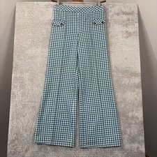 Vintage 70s High Waisted Wide Leg Houndstooth Pants Green Navy Flare Trousers