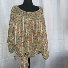 GiGiO Womens Small Long Sleeved Flowy Floral Sheer Blouse Cottage Boho