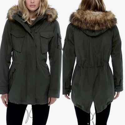 S13 Faux Fur Lined Utility Parka Jacket Womens S Small Olive Green
