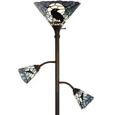 L10957 Raven Sitting on Bare Tree Branch in Full Moon Night Tiffany Style Sta...
