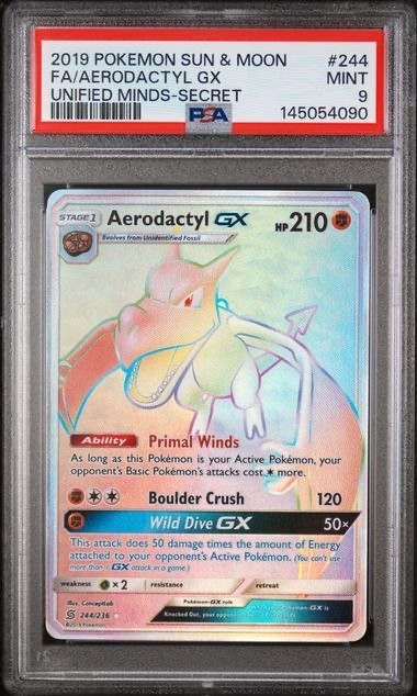 AERODACTYL GX #244 PSA 9 • 2019 SECRET UNIFIED MINDS POKEMON CARD