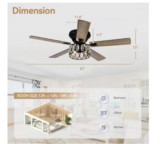 Breezary Jemore 52" Flush Mount Black Crystal Ceiling Fan Light Kit Remote - Image 4 of 4